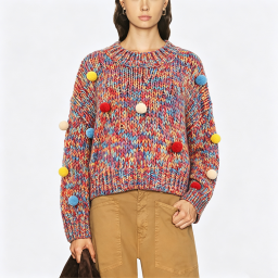Knit Sweater with Colorful Pom-Pom Accents