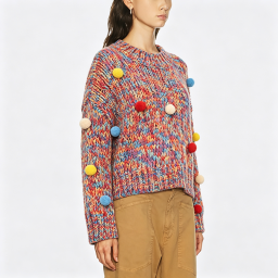 Knit Sweater with Colorful Pom-Pom Accents