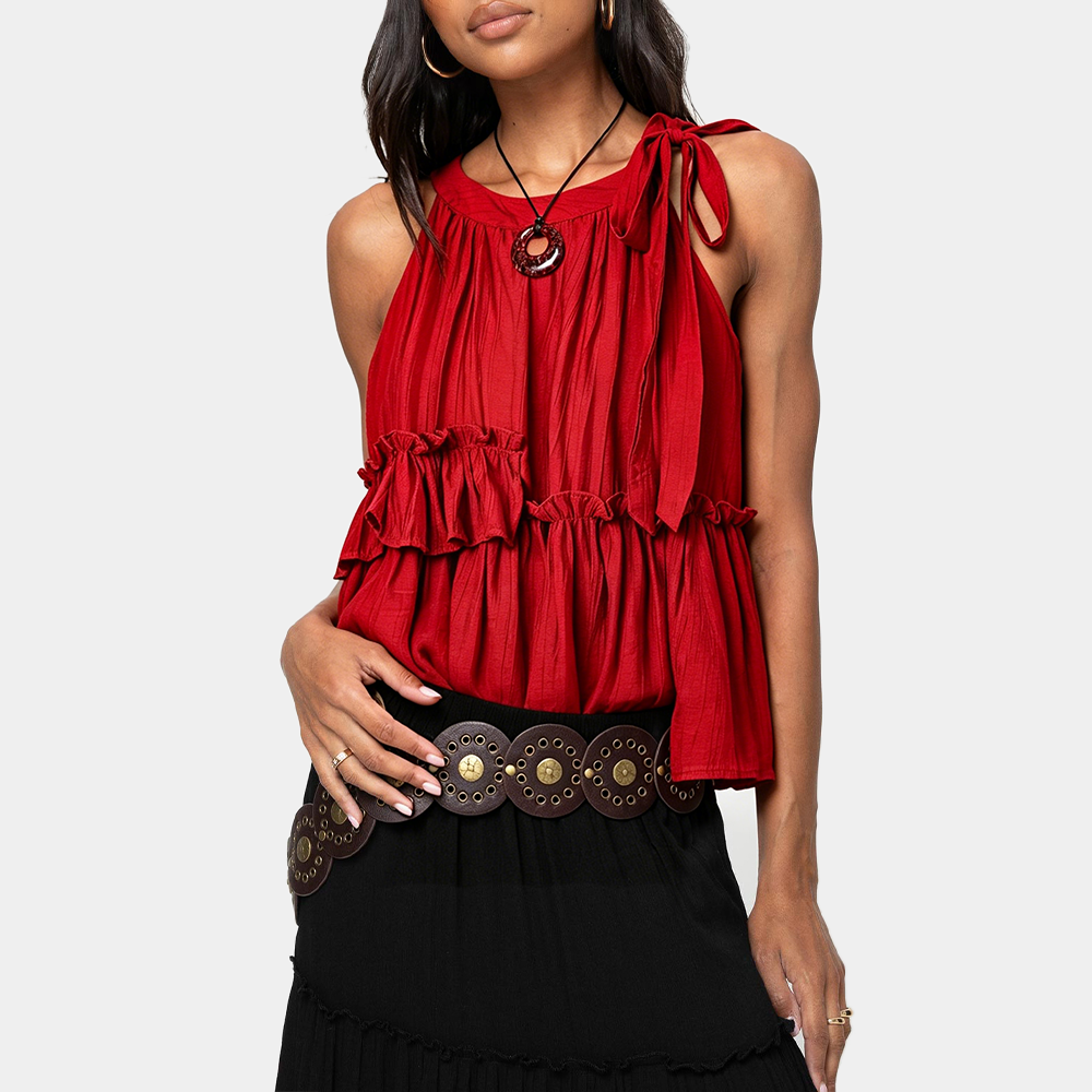 Red Ruffled Halter Neck Tank Top