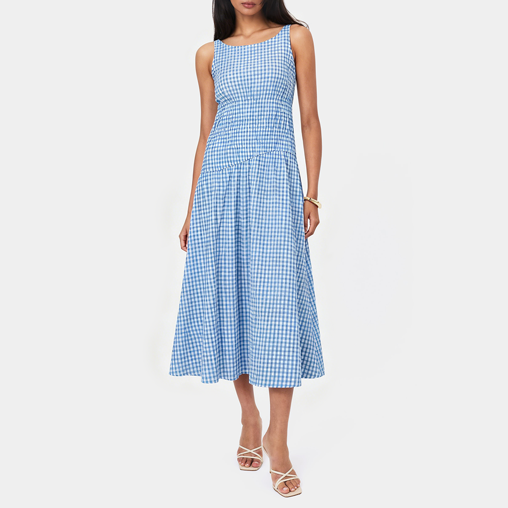 Blue Color-Blocked Plaid Dress