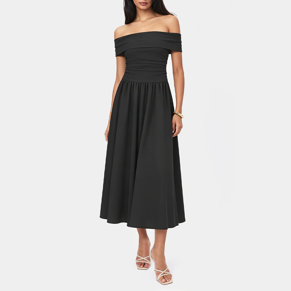 Off-the-shoulder pleated A-line dress